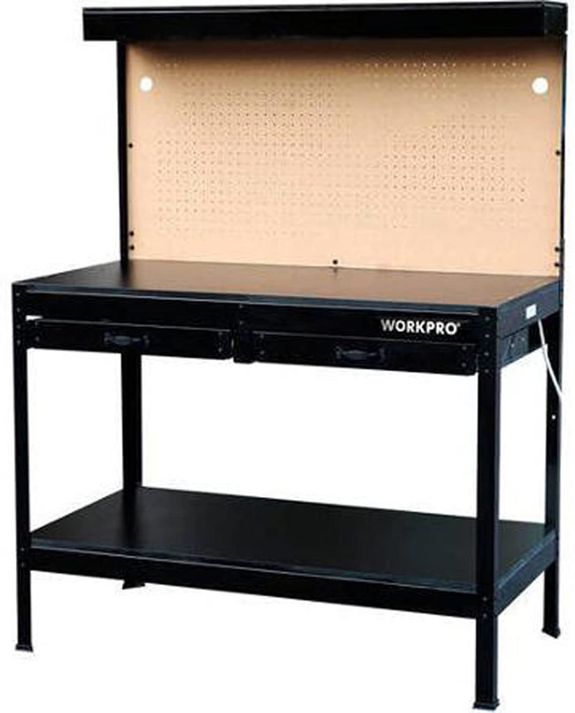 garage workbench with light wood steel work bench